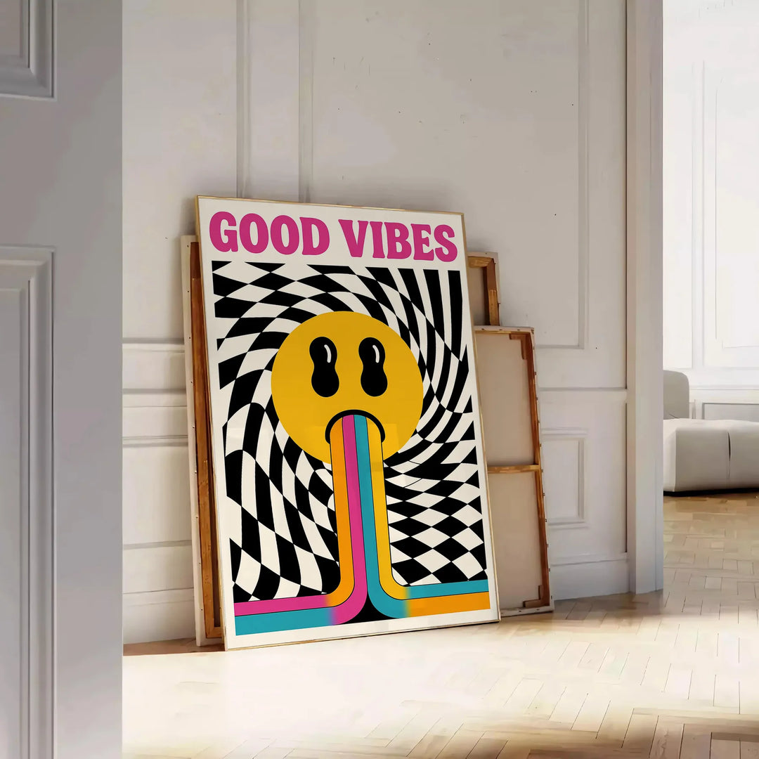 Abstrakt design i orange och vitt med texten 'Good Vibes'