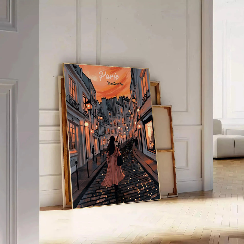 Montmartre Paris illustrated art poster in green and orange, vintage style