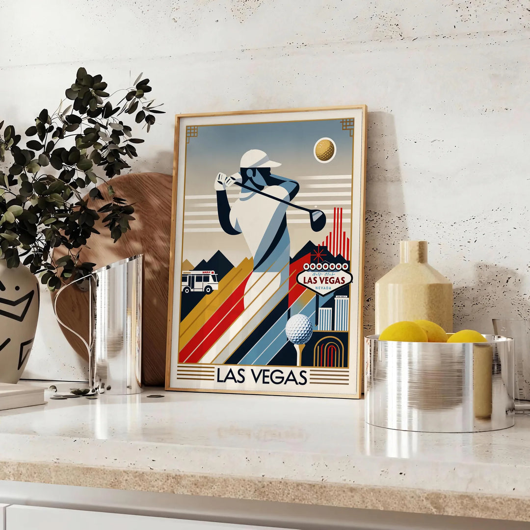 Vintage Art Deco poster depicting a golf scene in Las Vegas with black and orange tones