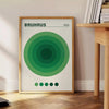 Minimalist poster with a green circle on a white and blue background