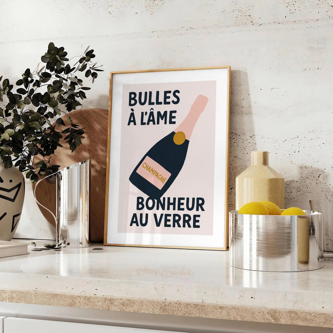 Elegant champagne bottle and glass kitchen poster in green and black