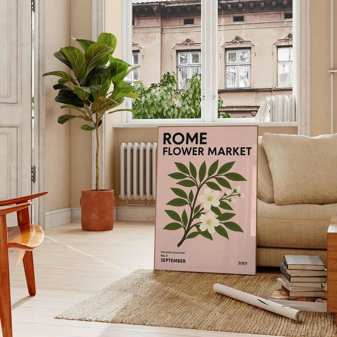 Vintage botanical illustration of flowers from Rome's market with green and gray hues