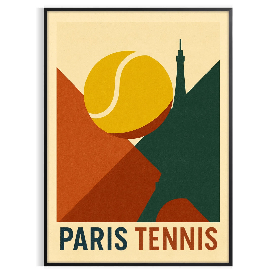 Minimal poster showing Paris tennis artwork in red and green, graphic