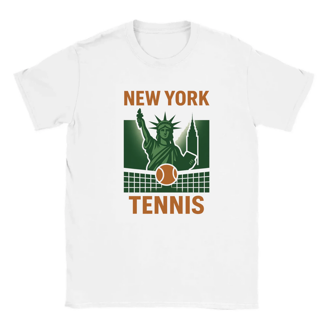 T-shirt featuring a graphic of tennis rackets and balls with New York text
