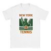 T-shirt featuring a graphic of tennis rackets and balls with New York text