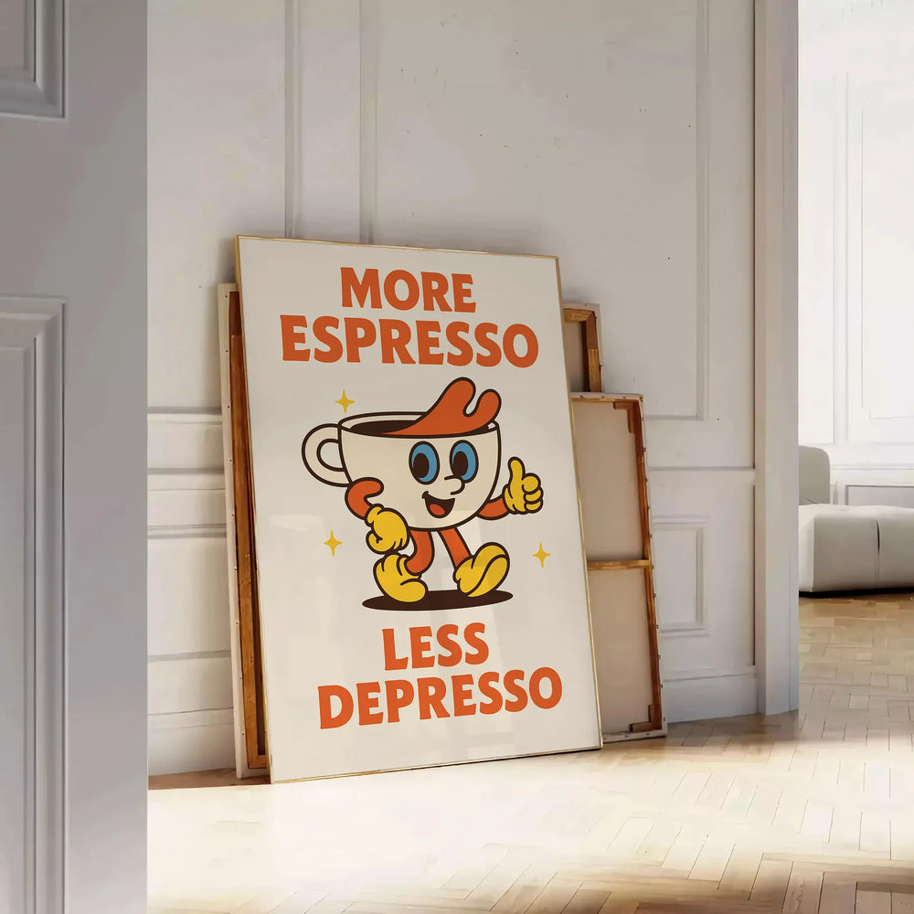 Kitchen poster featuring 'More Espresso Less Depresso' typography with a stylized eye in green-gray tones