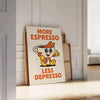 Kitchen poster featuring 'More Espresso Less Depresso' typography with a stylized eye in green-gray tones