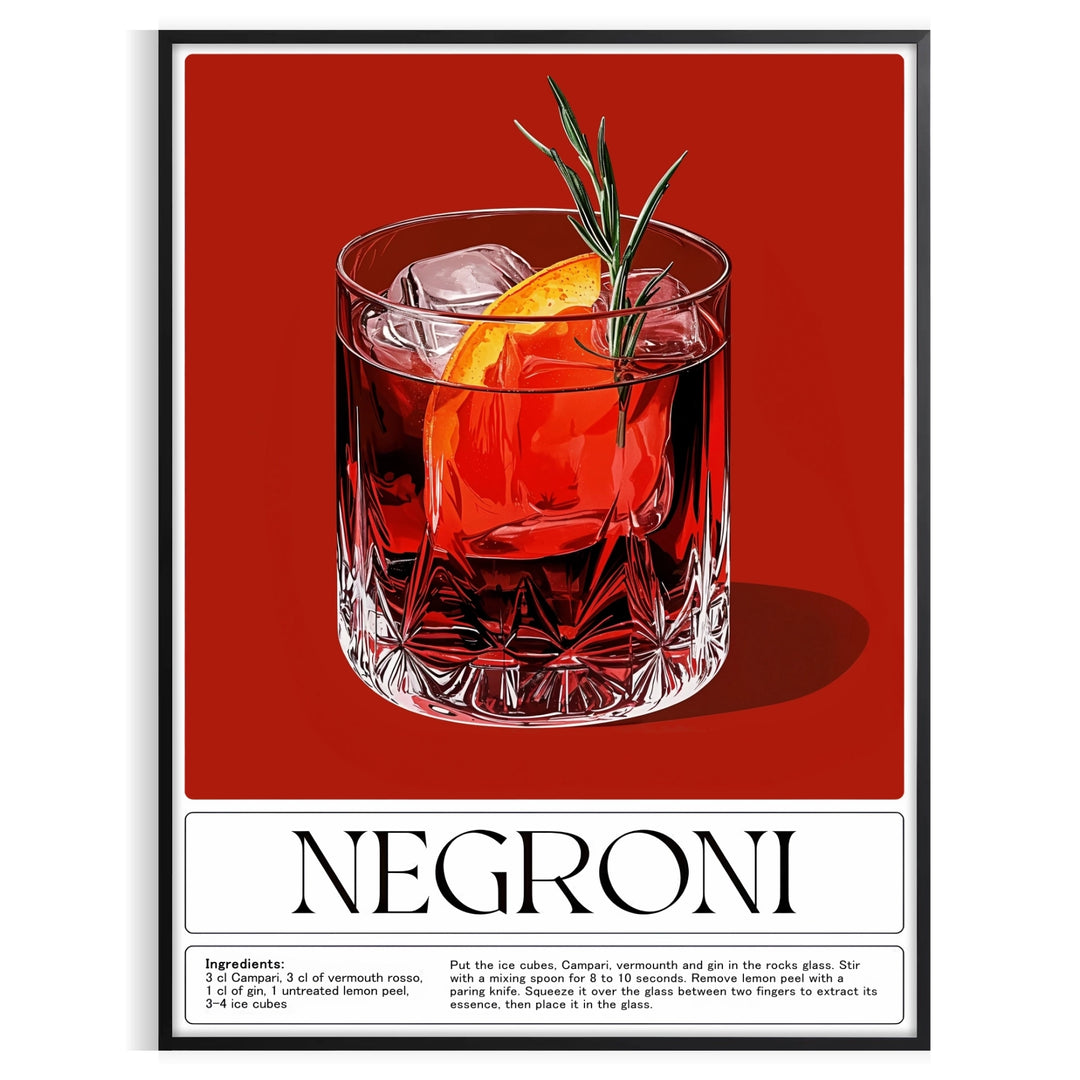 Illustration of a Negroni cocktail with orange and red splashes
