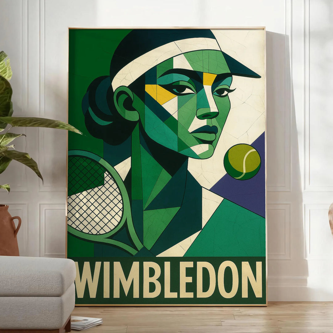 グレー と 緑 の キュビスム 風 Wimbledon ポスター 抽象 的 ラケット シルエット