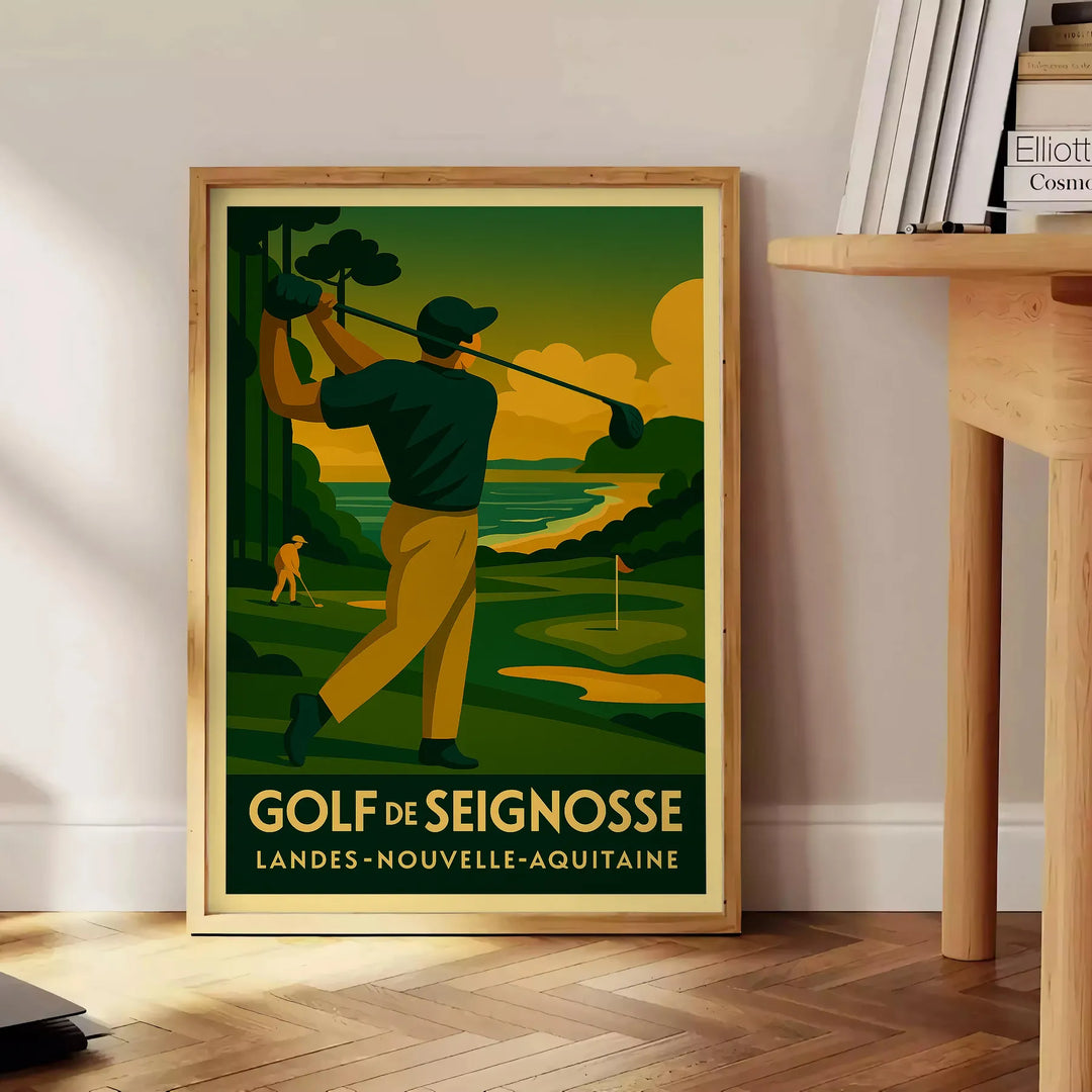 Poster de golf Seignosse estilo vintage art déco amarelo e cinza