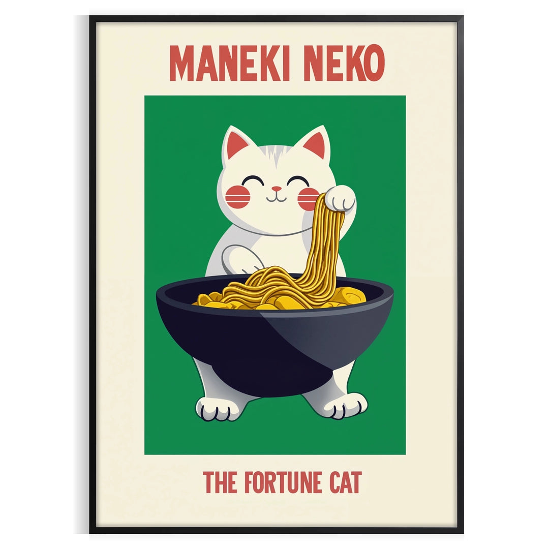 Blue and white Maneki Neko kitchen poster, modern Japanese illustration