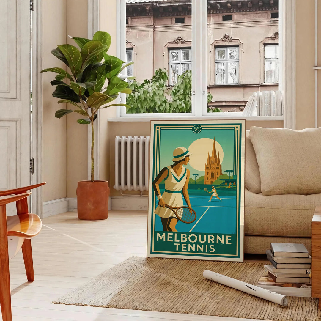 Melbourne tennis poster in brown and green, minimalist sport artwork