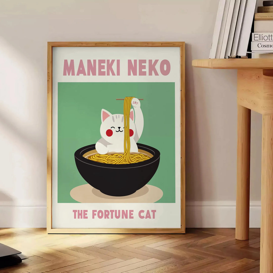 Illustration of a Maneki Neko in a Japanese kitchen, featuring blue and black tones