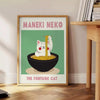 Illustration of a Maneki Neko in a Japanese kitchen, featuring blue and black tones