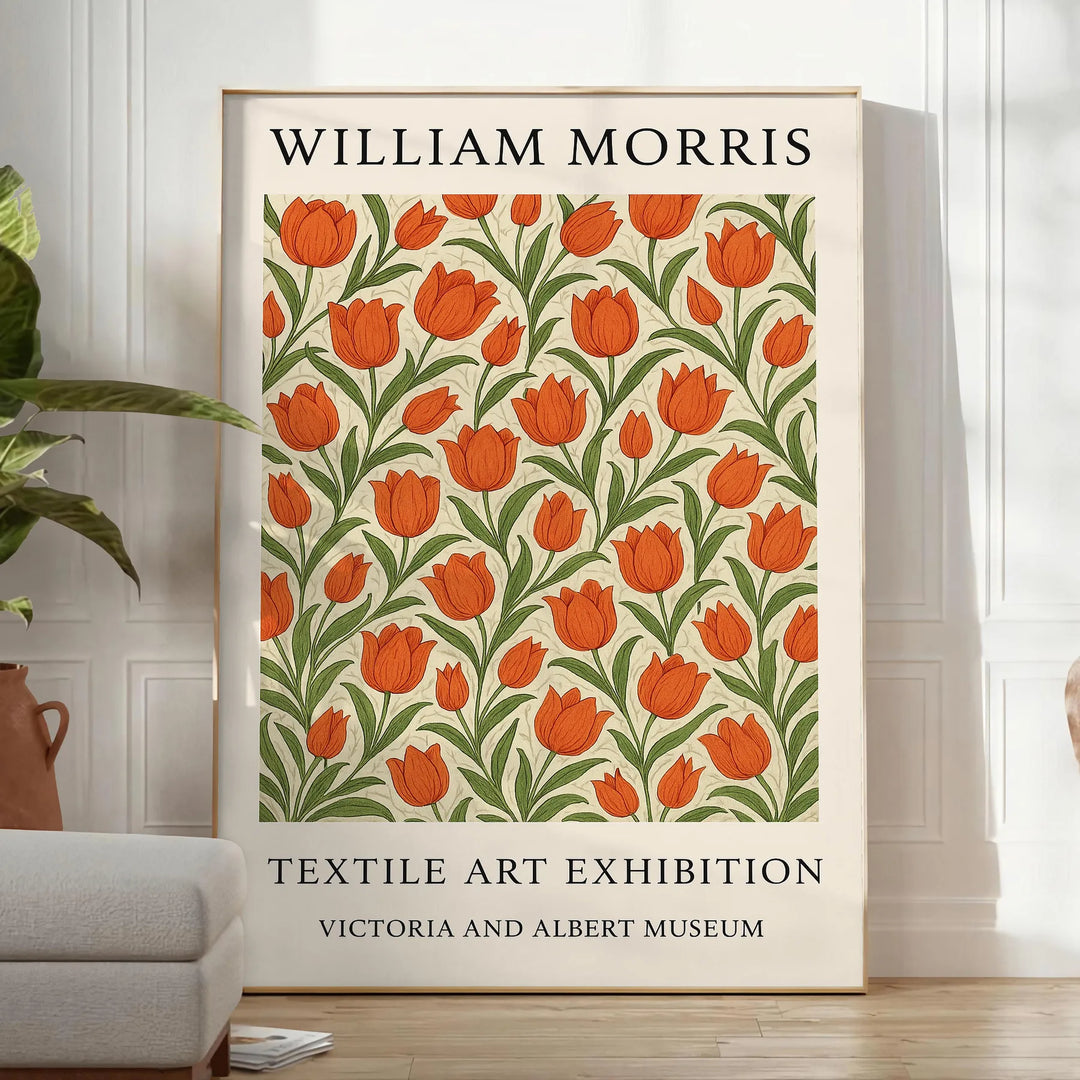 Gray and orange floral pattern in the style of William Morris
