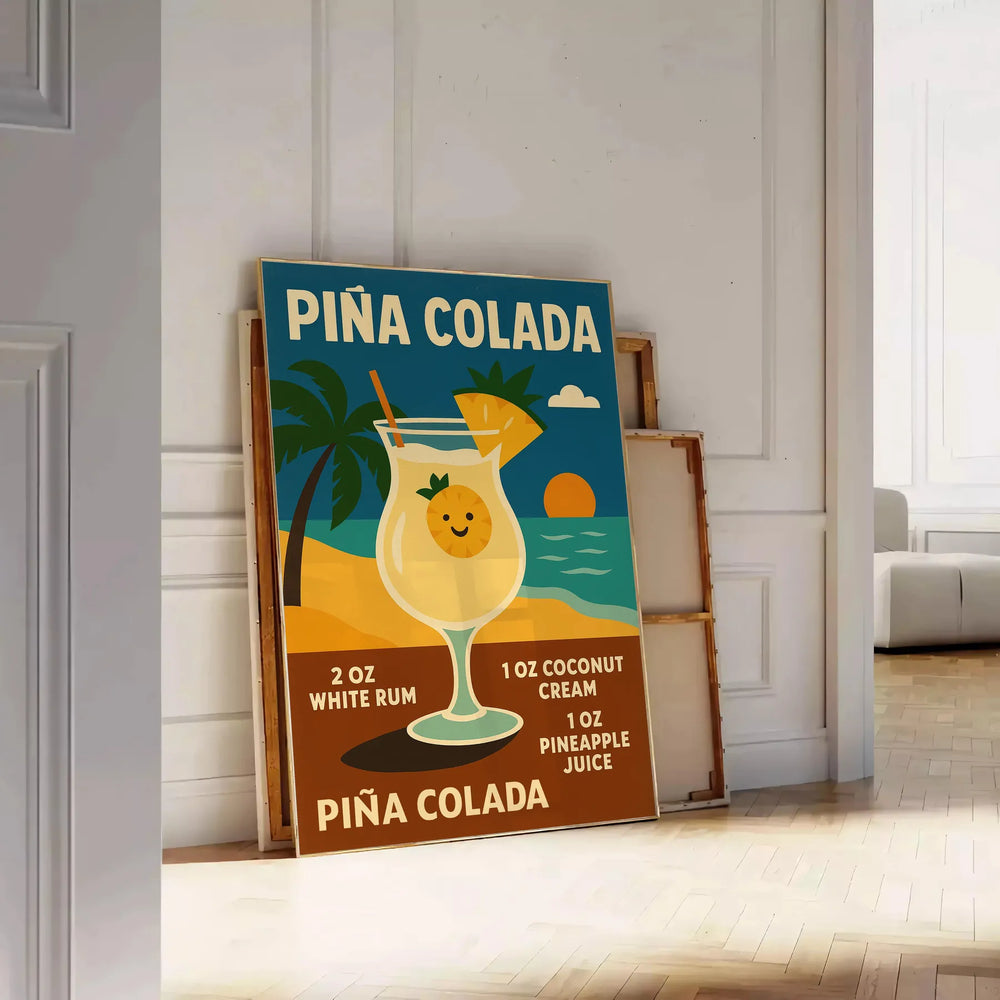 Retro illustration of a Pina Colada cocktail with orange and yellow hues