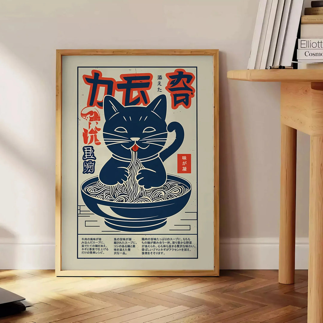 Un gatto giocoso mescolando ramen in una cucina colorata