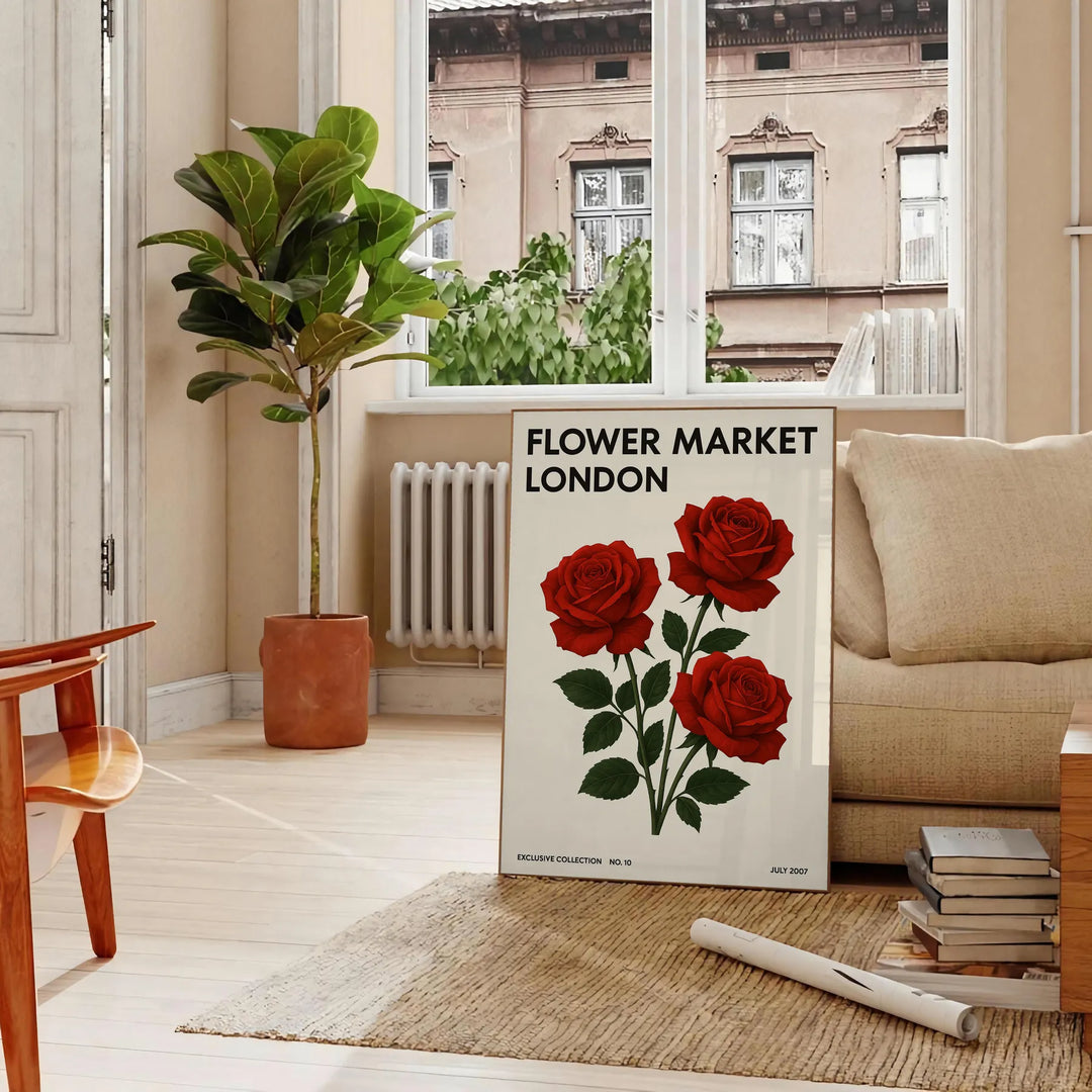 Illustrazione floreale nera e rossa di un mercato dei fiori a Londra