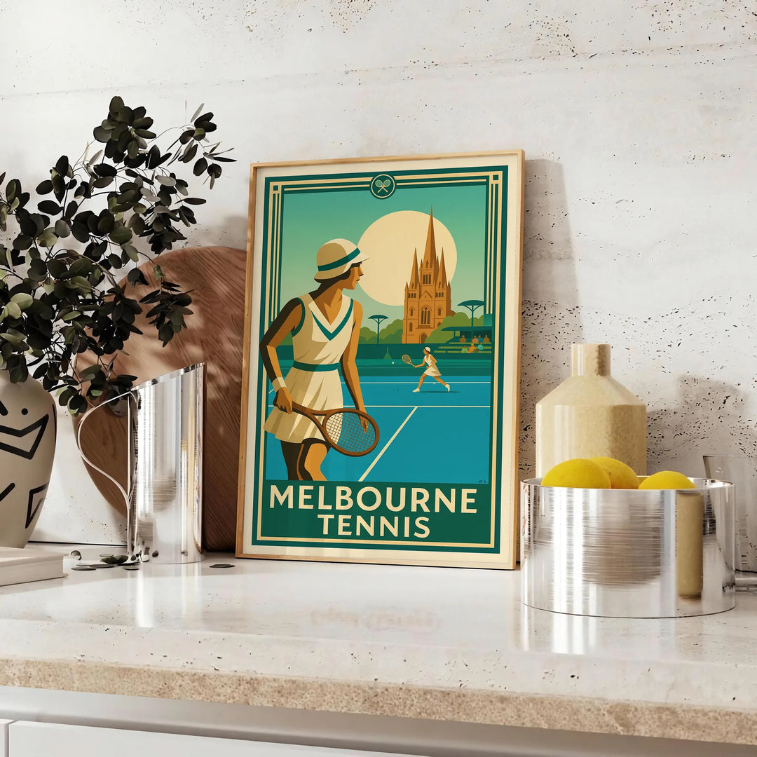 Melbourne tennis poster in brown and green, minimalist sport artwork