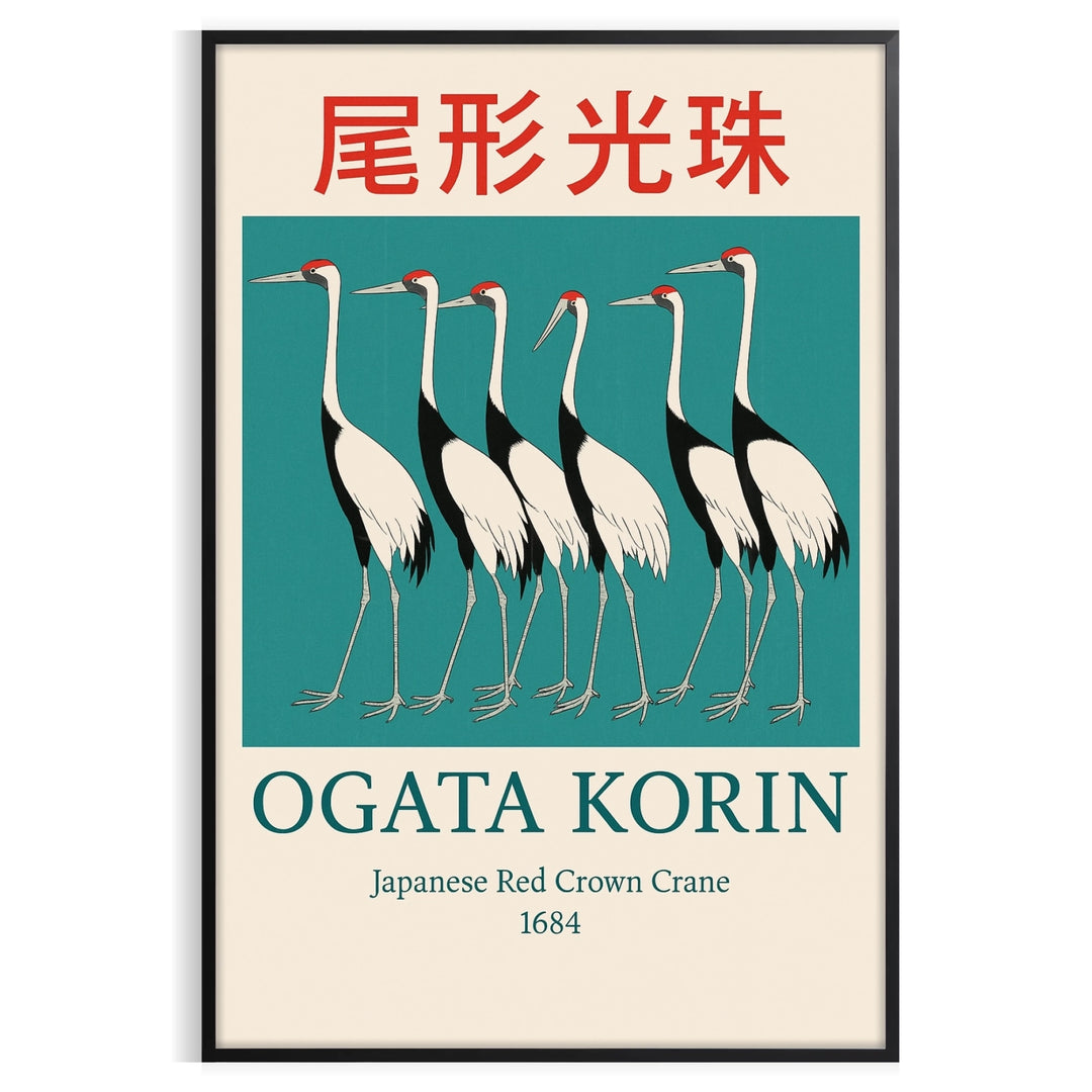 Ogata Korin poster depicting cranes in Rinpa style, blue and red