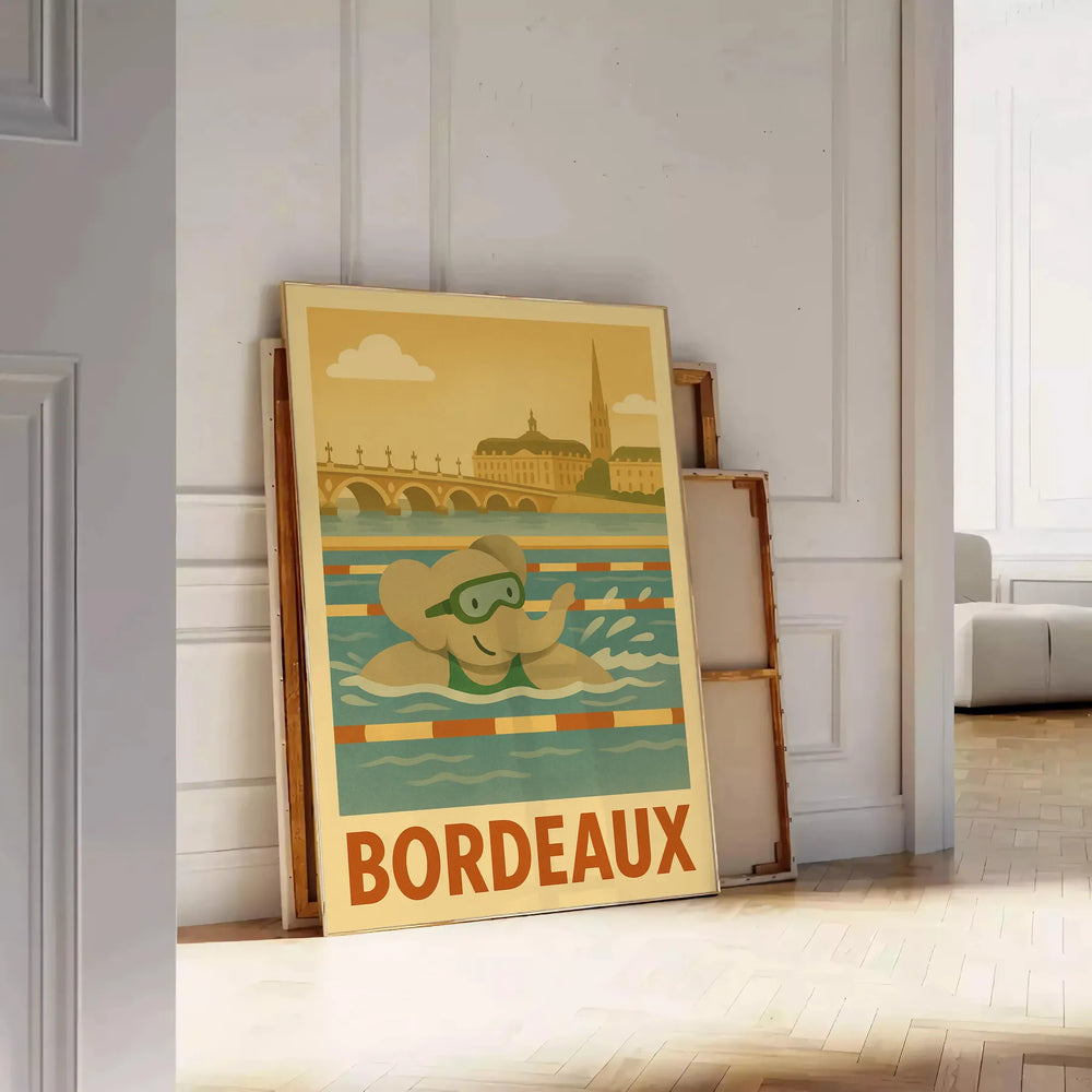 Bordeaux, gray and green kids poster showing a swimming elephant illustration
