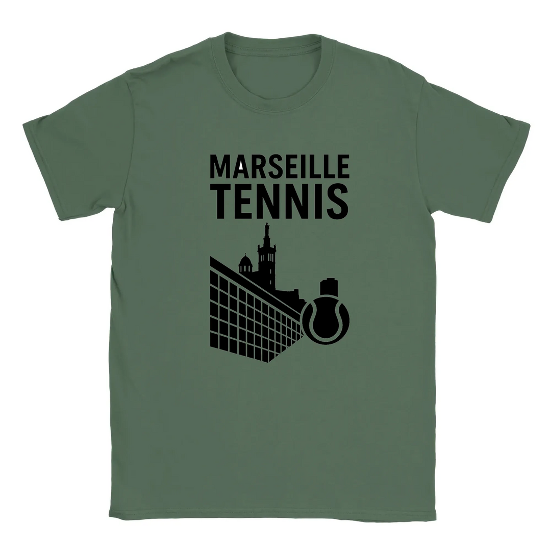 T-shirt featuring a graphic of tennis players in action with Marseille text