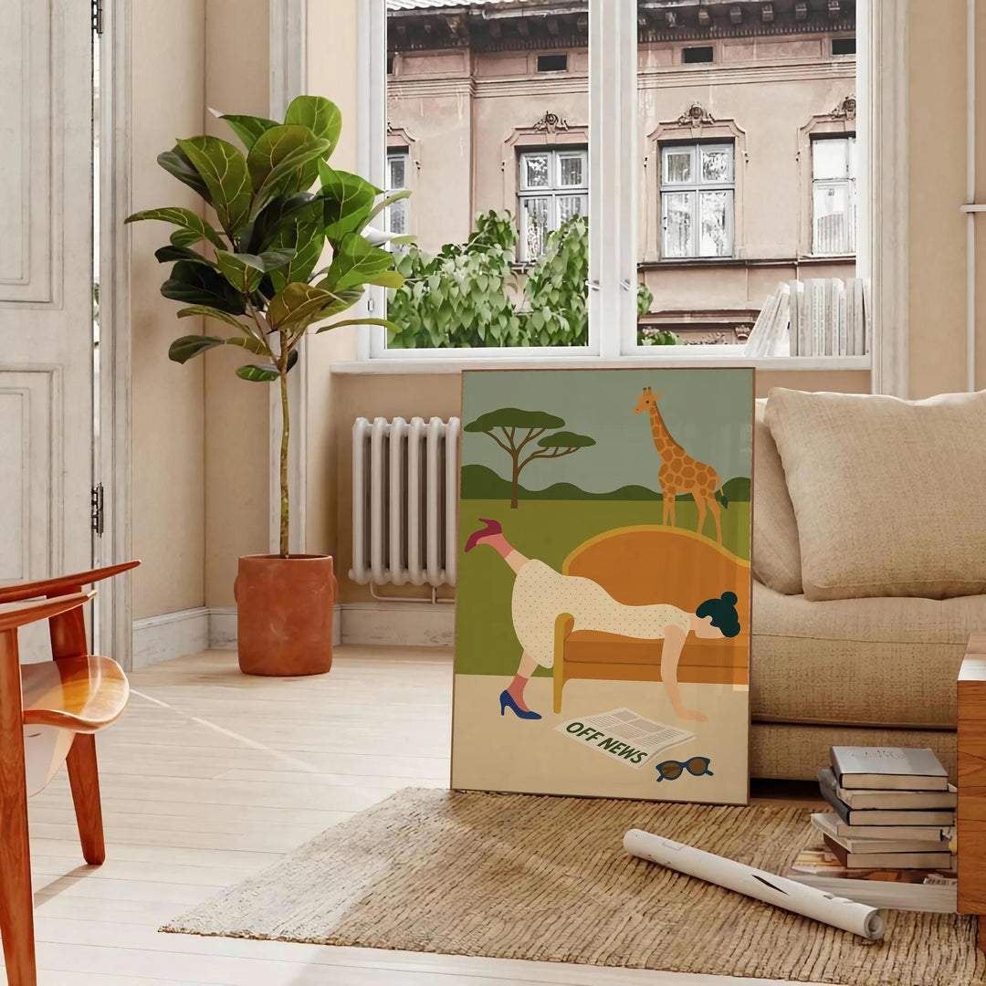 Poster showing a minimalist relaxed scene in brown and green, motivational