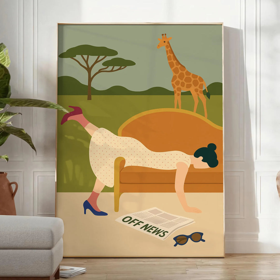Poster showing a minimalist relaxed scene in brown and green, motivational