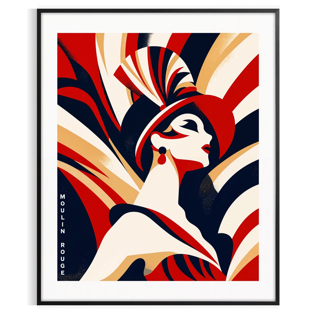 Vintage poster featuring a woman in a red dress at the Moulin Rouge