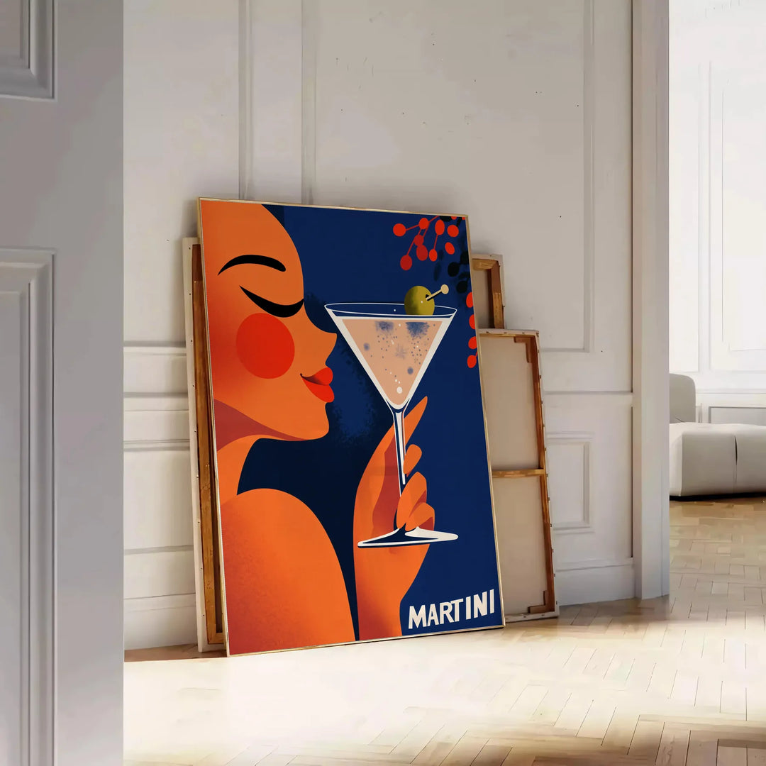 Stylized illustration of a woman holding a martini in orange and green tones