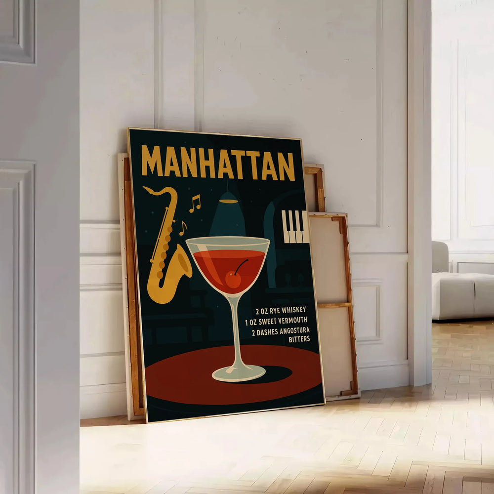 Black and gray Manhattan cocktail poster, minimalist bar illustration print