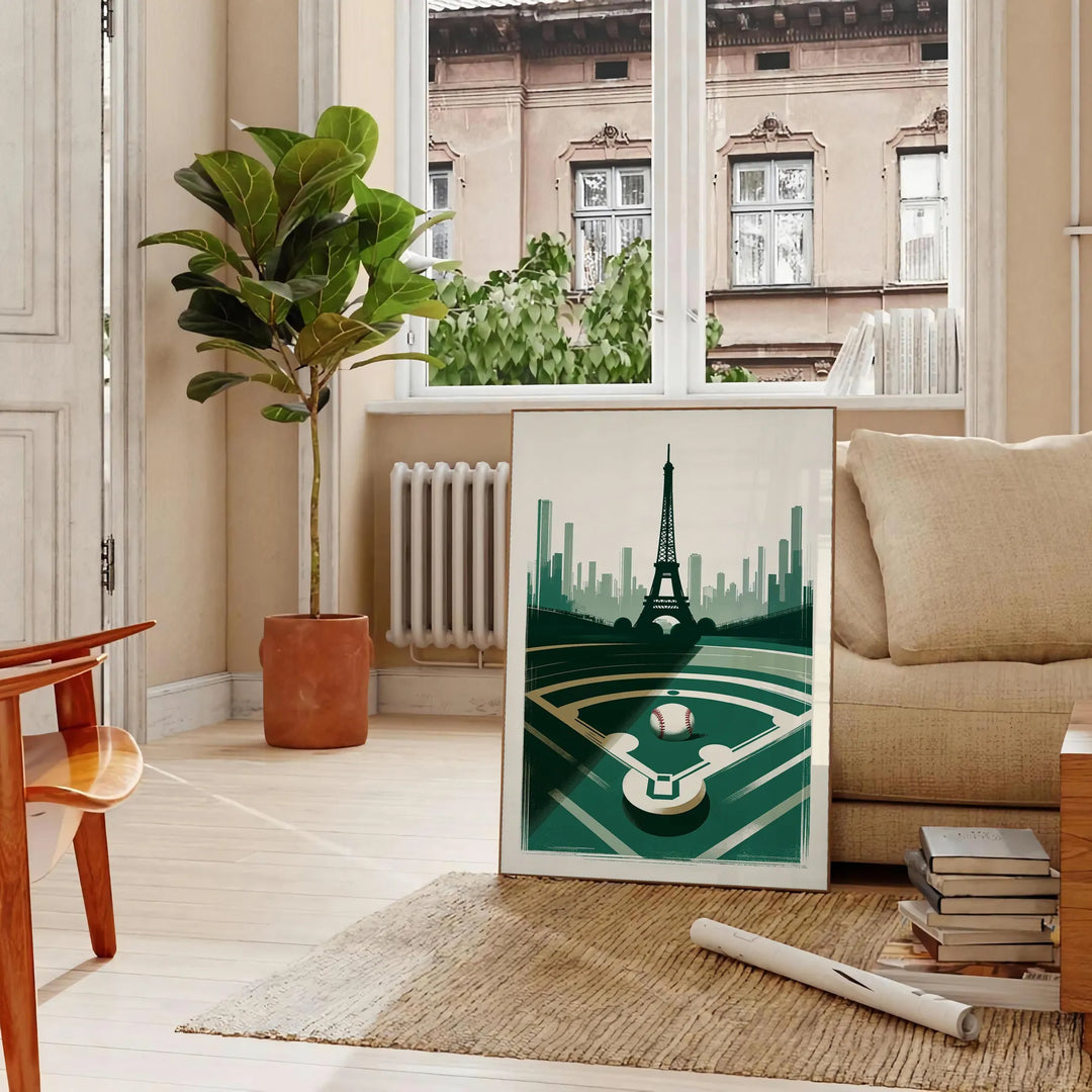 Vintage poster showing baseball player with Paris motifs in retro style