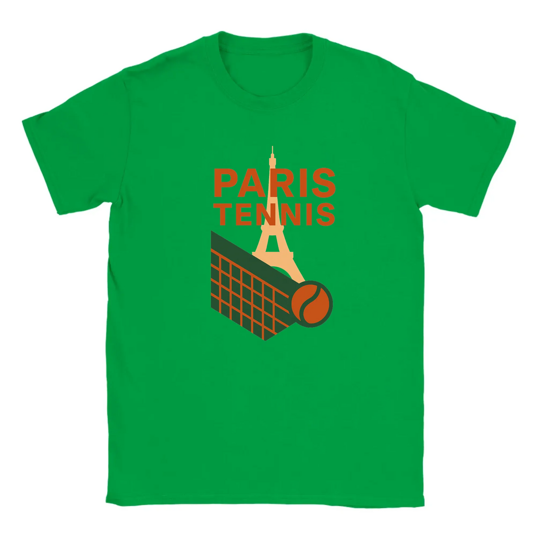 T-shirt featuring a graphic of the Eiffel Tower and a tennis racquet