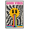 Abstrakt design i orange och vitt med texten 'Good Vibes'