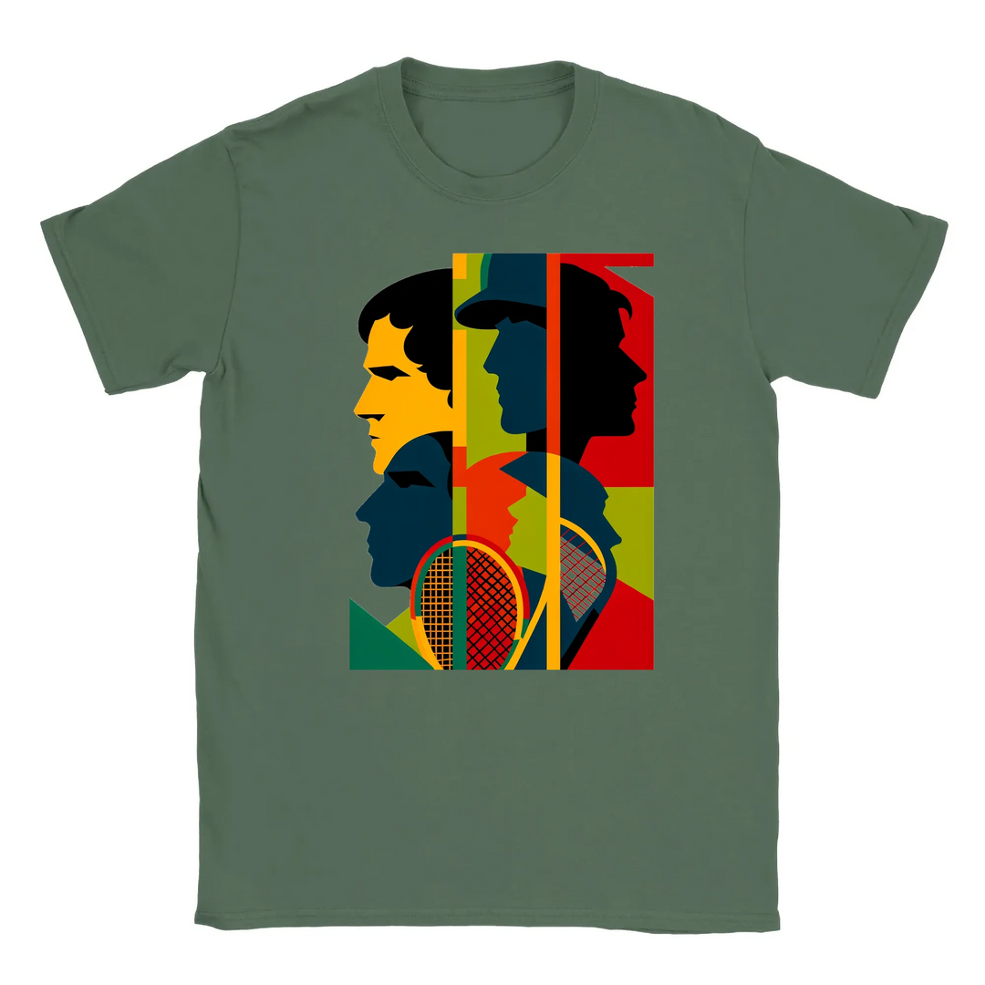 T-shirt featuring a graphic of a tennis tournament scene