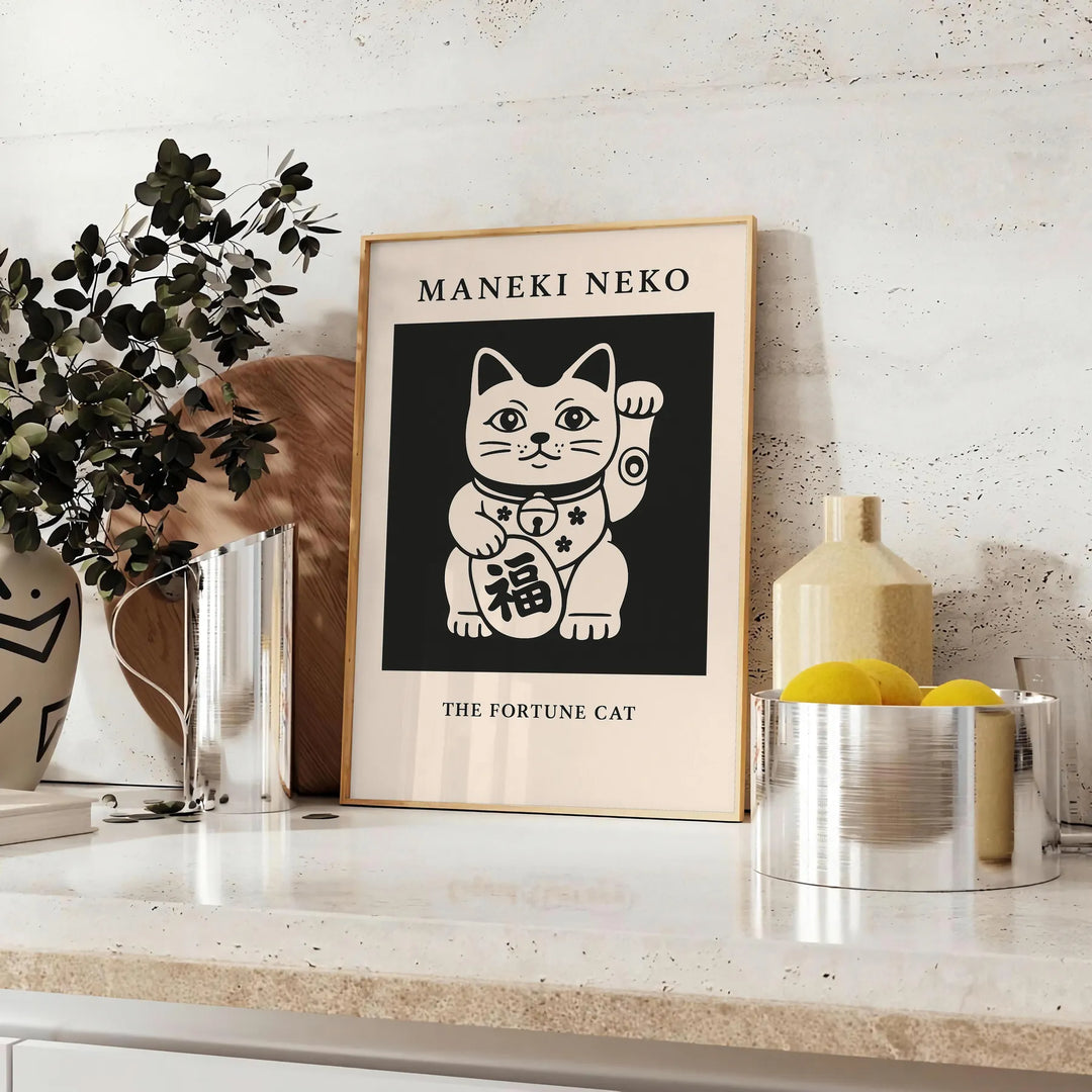 Poster Maneki Neko grigio e arancione, illustrazione giapponese minimalista