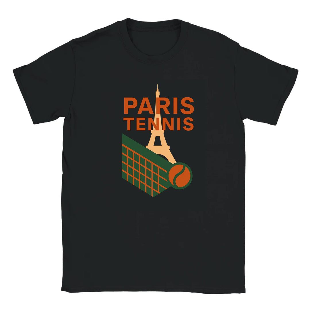 T-shirt featuring a graphic of the Eiffel Tower and a tennis racquet