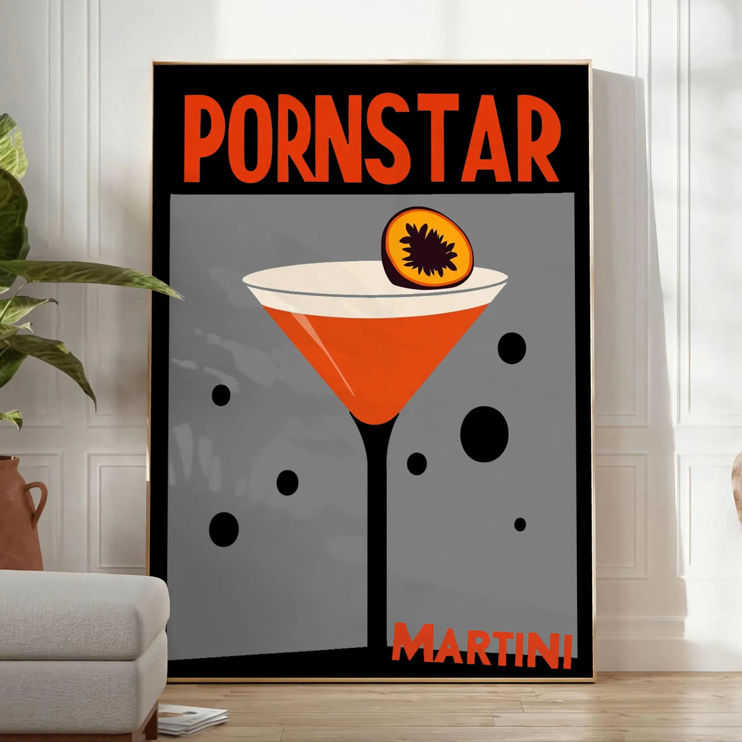 Poster of Pornstar Martini cocktail illustration in red and orange palette
