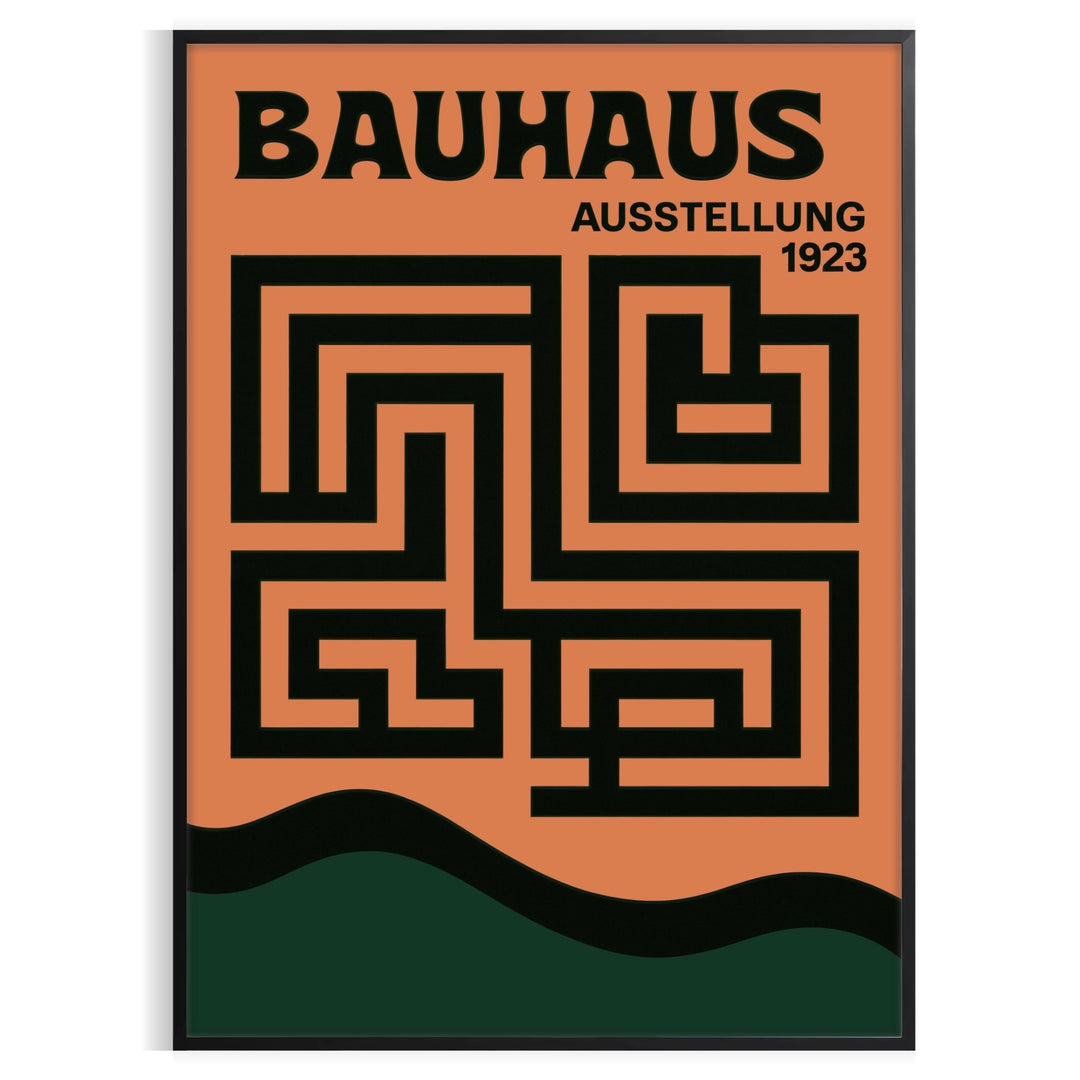 Bauhaus labyrinth poster with geometric maze design in green and gray