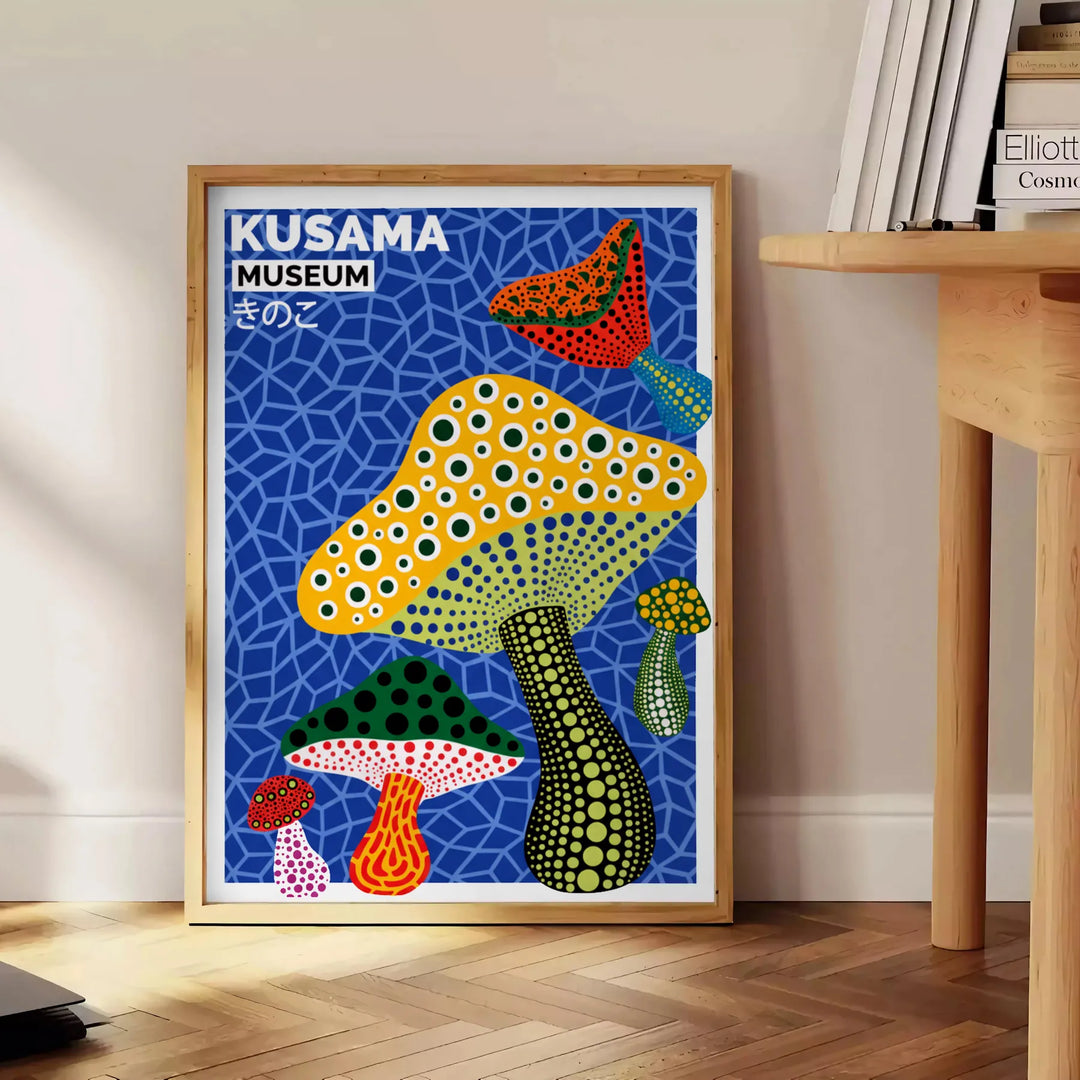 Green and yellow mushroom artwork in Yayoi Kusama style poster
