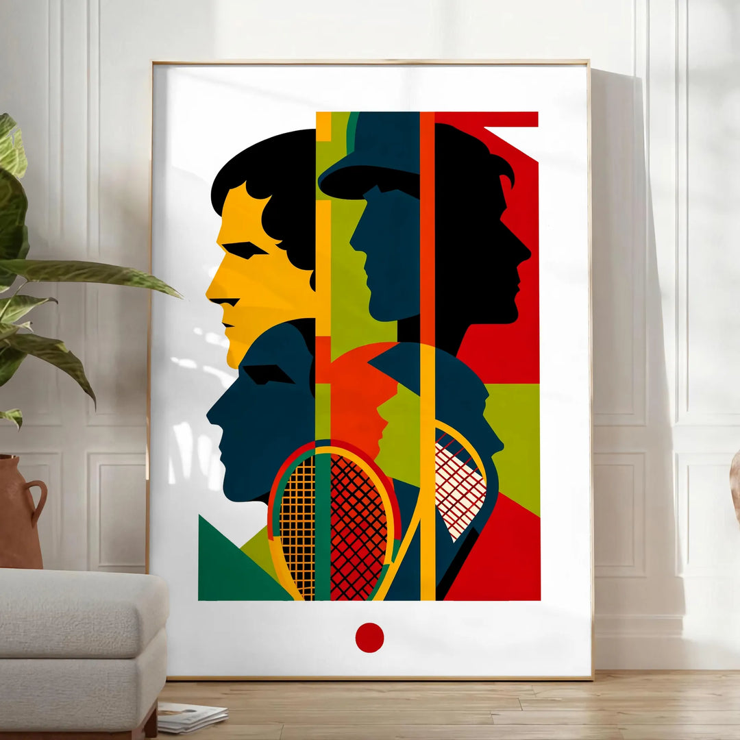 Black and white poster featuring an abstract silhouette of a tennis player in motion