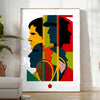 Black and white poster featuring an abstract silhouette of a tennis player in motion