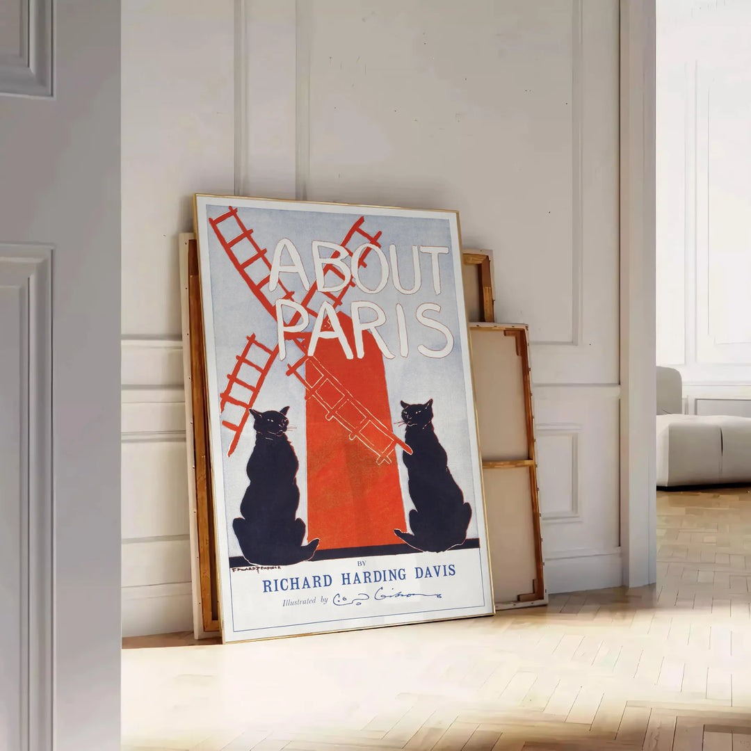 Vintage illustration of a Parisian street scene with gray and red hues - leaning on a herringbone floor against a white panelled wall