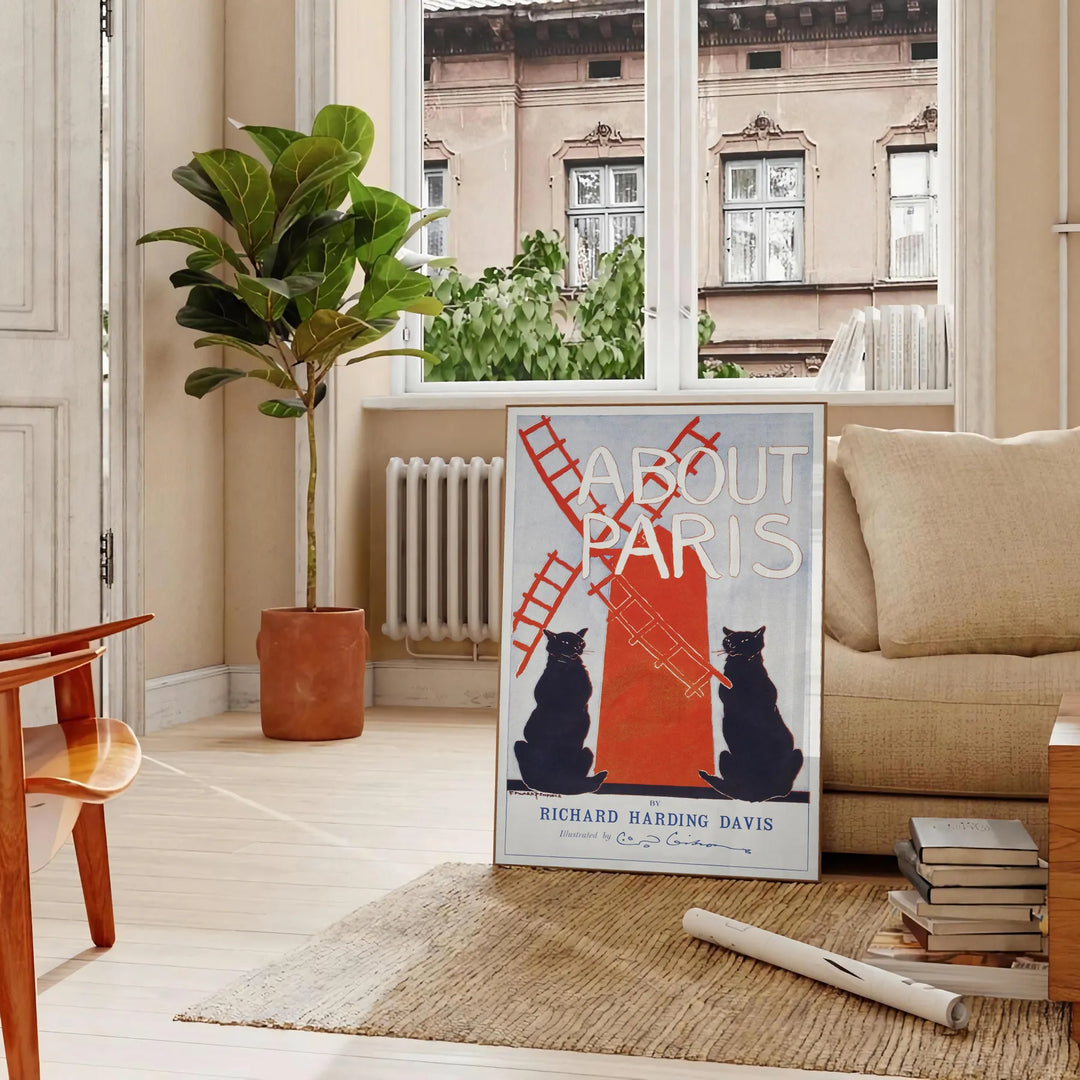 Vintage illustration of a Parisian street scene with gray and red hues - in a Parisian living room with a sofa and a fig plant