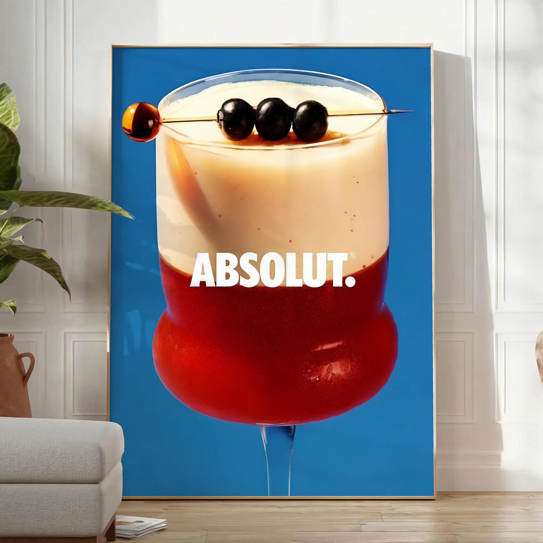 Vintage cocktail illustration featuring brown and blue tones - in a bright minimalist room with a plant and an armchair