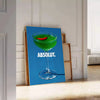 Poster of abstract cocktail artwork in brown and green tones, modern - leaning on a herringbone floor against a white panelled wall