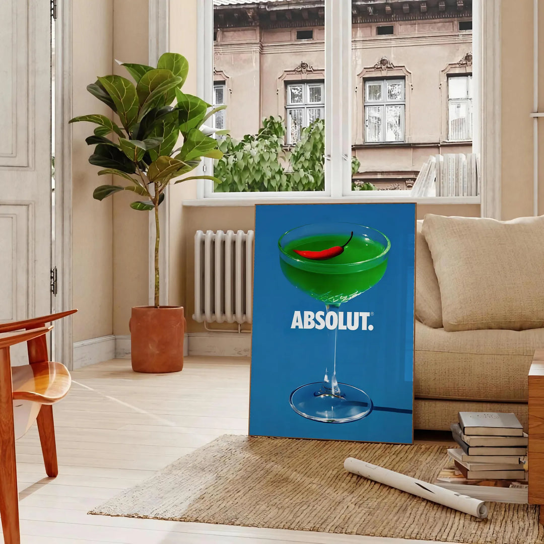 Poster of abstract cocktail artwork in brown and green tones, modern - in a Parisian living room with a sofa and a fig plant