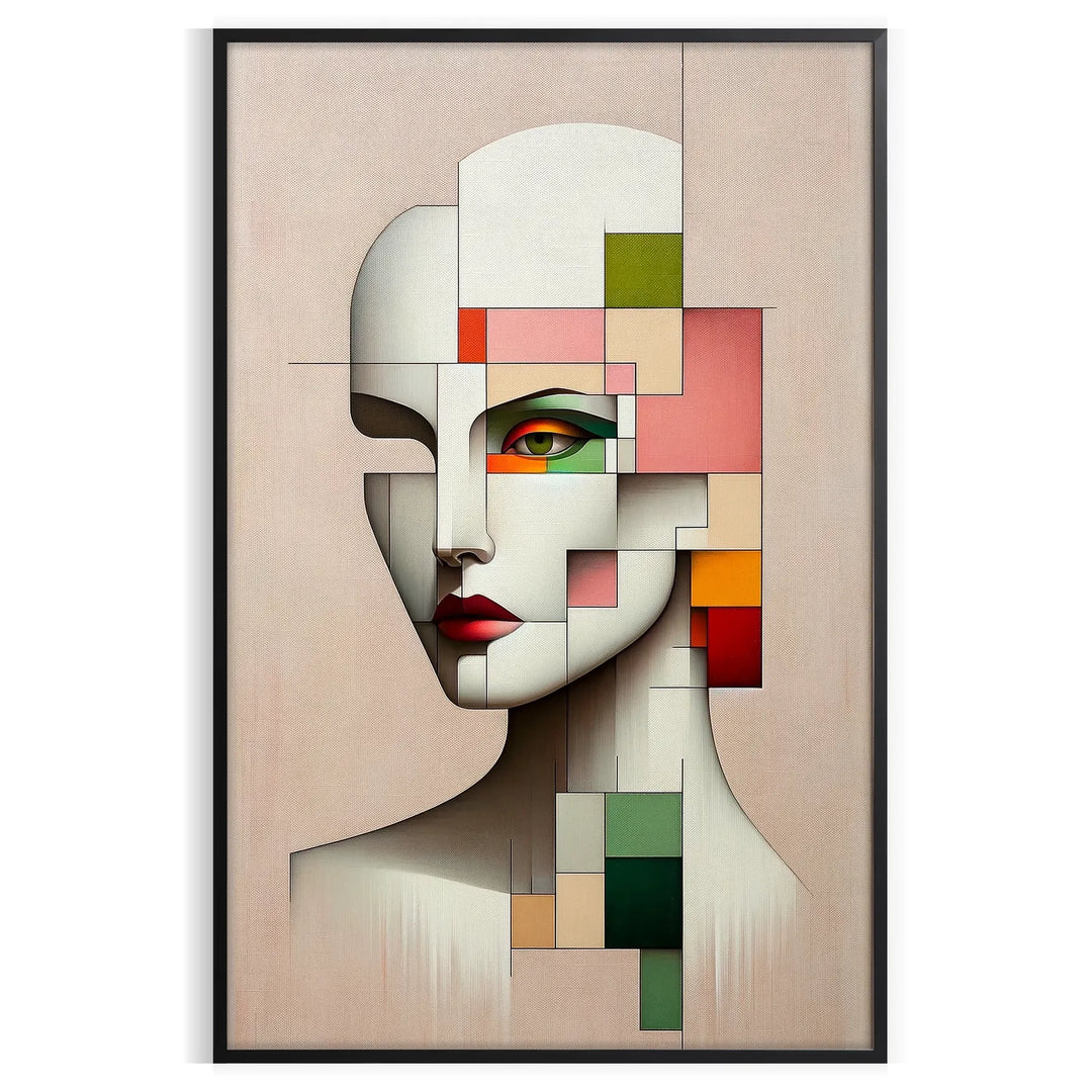 Abstract geometrical human poster in red and green, minimalist artwork