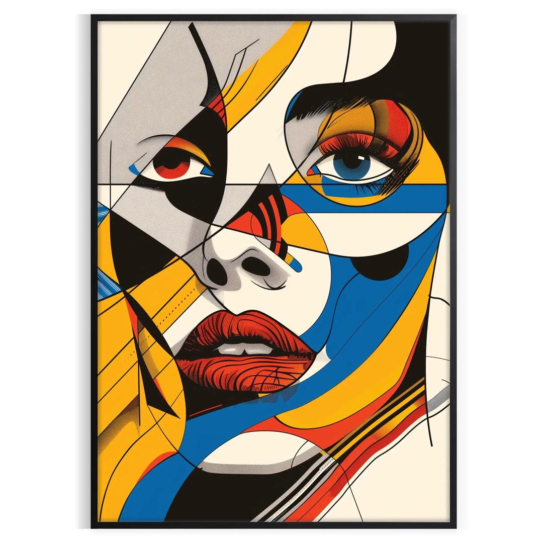 Abstract woman poster in bold black and orange, contemporary minimalist portrait