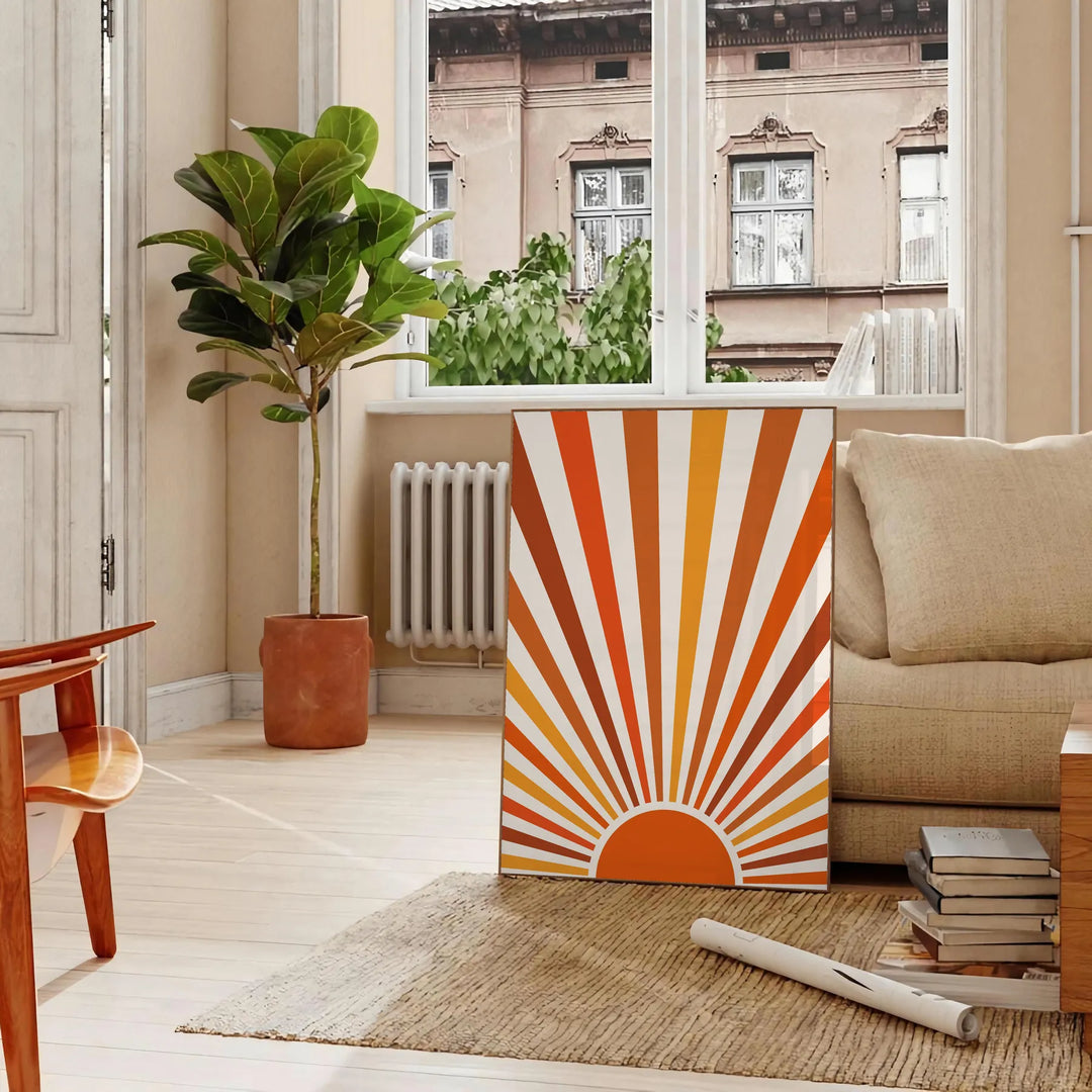 Abstract bohemian art with earthy browns and warm oranges - in a Parisian living room with a sofa and a fig plant